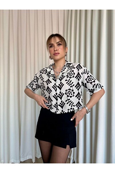 Moda Banuş Ethnic Pattern Short Sleeve Cotton Loose Shirt