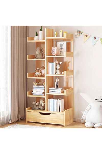 erorex رف كتب شجرة مكون من 10 طبقات، خزانة كتب مكونة من 10 رفوف مع درج، تخزين كتب عصري، شجرة قائمة بذاتها