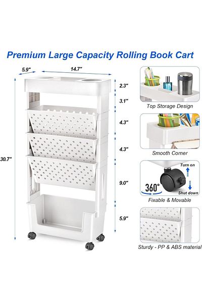 erorex 5 Tier Mobile Bookshelf Rolling Bookcase Book Storage Rack Movable File Folder Organizer Cart With