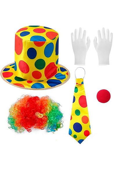 Skygo Colorful Clown Costume - 5 Piece Set (Hat, Wig, Tie, Gloves, Nose)