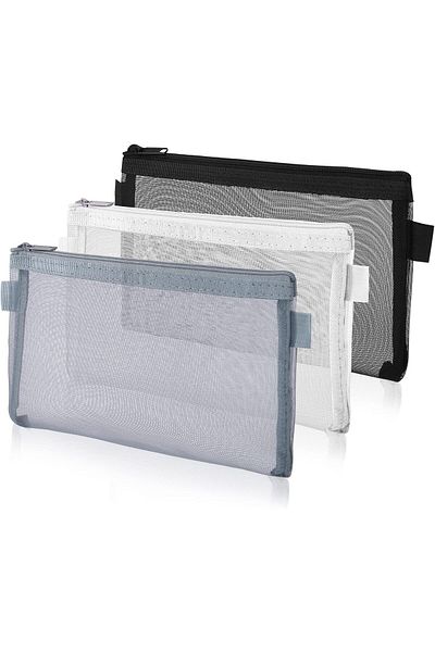 erorex 3 Pieces Pencil Pouch Clear Makeup Bags Nylon Mesh Pen Pouch With Zipper Pencil Case Stationery