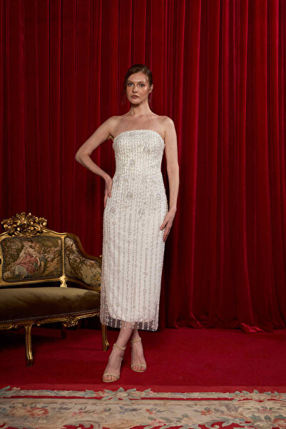 Lenta Wedding Beyaz Dantel Kaplama Midi Boy Kalem Nişan Ve Gece Elbisesi