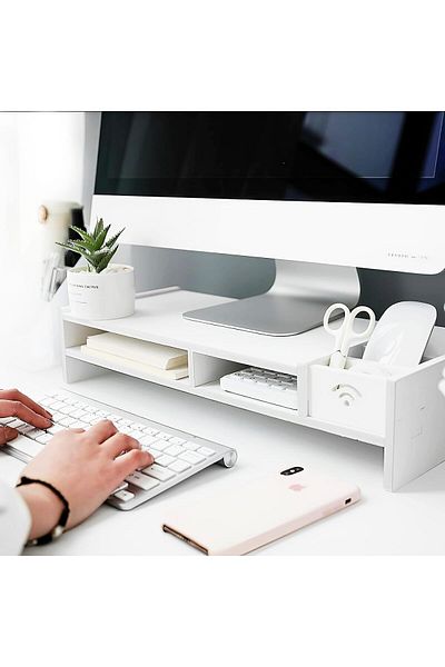 erorex حامل شاشة خشبي لسطح المكتب مع صندوق تخزين وحامل هاتف وحامل كمبيوتر من مستويين مع