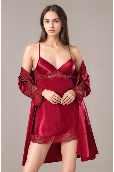 Soweto طقم ثوب نوم نسائي من الدانتيل باللون العنابي مكون من 6 قطع - ساتان - s...