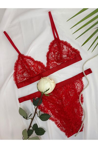 ROZENİN LINGERIE New Season Red Shiny Tape Detailed Lace Bralet Bra Set