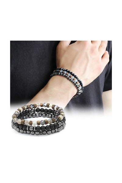 Tesbihane Black Hematite and Onyx Bracelet Sphere Cut Natural Stone Bracelet - 104000540