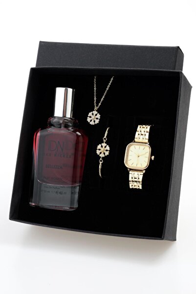 Duke Nickle Altın: Kadın Altın Kare Kol Saati, Parfüm ve Zirkon Taşlı Kolye-Bileklik Lüks Hediye Seti