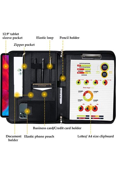 erorex Portfolio Business Padfolio Folder With Zipper Conference Meeting Executive File Legal Document