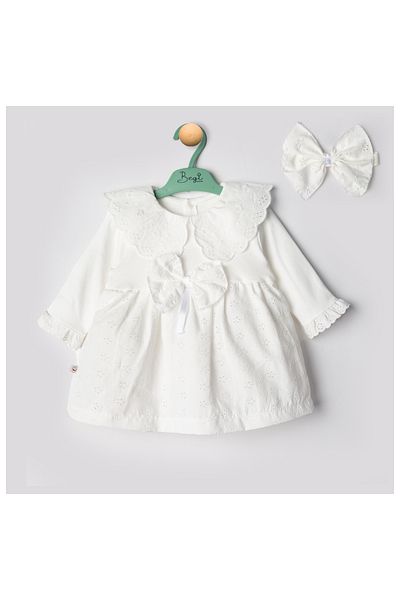 Babyhola 0-12 Months 100% Cotton Baby Girl Scalloped Holiday Dress Set with Headband Ecru 22457