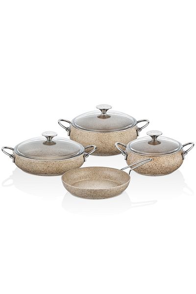 Taç Mastercook Chubby Metallica 7 Piece Cookware Set with Cappicuno Metal Handles