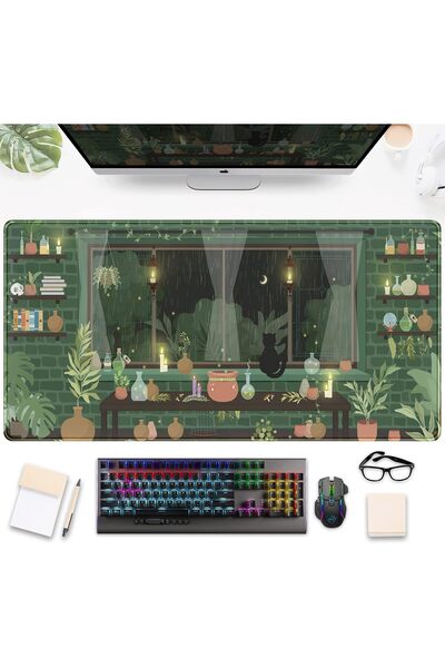 erorex حصيرة مكتب أنمي قطة سوداء كبيرة الحجم مع لوحة ماوس جمالية مع ضوء القمر واليراعات والنباتات الخضراء والمطر