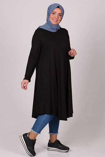 Eslina 28016 Black Large Size Mevlana Combed Cotton Tunic