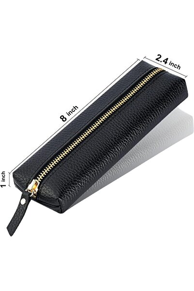 erorex Leather Pen Case Portable Cowhide Pencil Pouch With Zipper Soft Black Simple Pen Bag For Adults