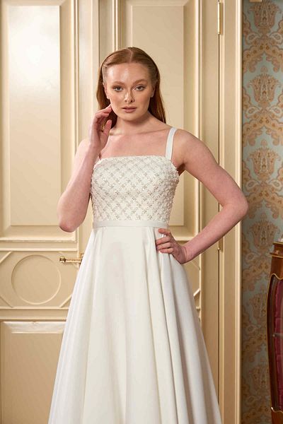 Lenta Wedding White Midi Length Satin Lace Covering Engagement and Evening Dress