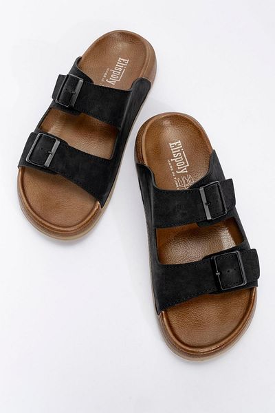 KAOF SHOES Men's Black Orthopedic Sole Slippers Quality Double Belted Daily Slippers Comfortable Summer Slippers Sandals