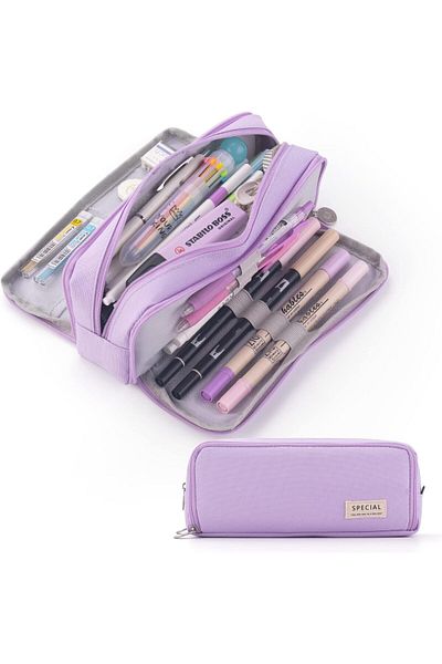 erorex Large Capacity Pencil Case 3 Compartment Pouch Pen Bag For School Teen Girl Boy Men Women Purple