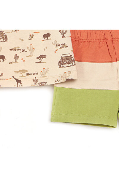 ebebek Hello Baby HelloBaby Erkek Bebek Tişört-Şort 2li Takım Safari Desenli Bisiklet Yaka Reçme Paça Atlet Kol Bej