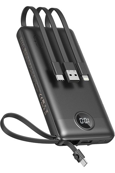 erorex بنك طاقة مع كابلات مدمجة 10000 مللي أمبير في الساعة شاحن محمول رفيع لجهاز iPhone USB C شاشة LED