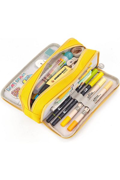 erorex Large Capacity Pencil Case 3 Compartment Pouch Pen Bag For School Teen Girl Boy Men Women Yellow