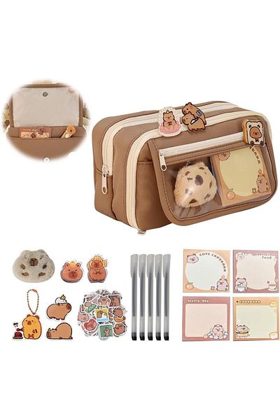 erorex Capybara Pencil Case Set Clear Aesthetic Pen Pouch With Plush Pins And Multi Layer Compartments