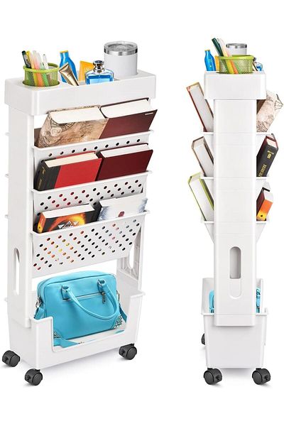 erorex 5 Tier Trolley Rolling Book Cart Mobile Bookshelf With Lockable Caster Slide Out Storage Organizer