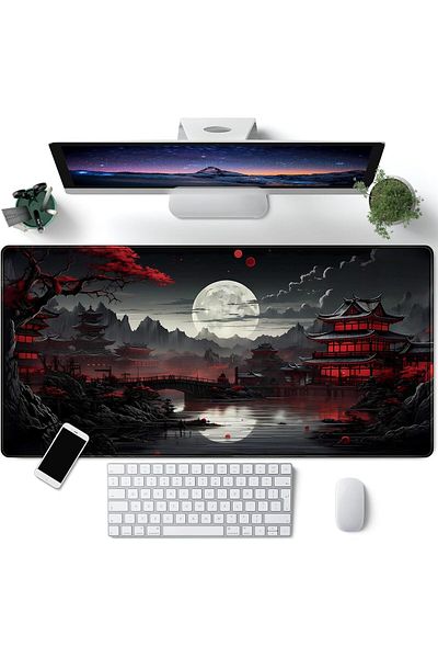 erorex حصيرة مكتب يابانية Riverside Full Moon Desk Pad أسود أحمر كبير ماوس لوحة ماوس ألعاب ممتدة