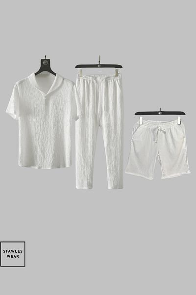 stawles wear Bürümcük Crinkle Fabric Summer Lycra Women's Men's T-Shirt Shorts Tracksuit 3-Piece Set White