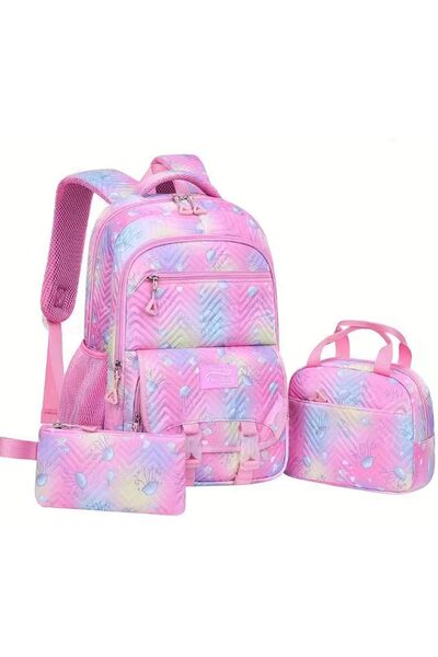 Generic حقيبة ظهر مدرسية للبنات، 3 قطع، بتصميم ساحر وردي، حقيبة كتب مدرسية كب...