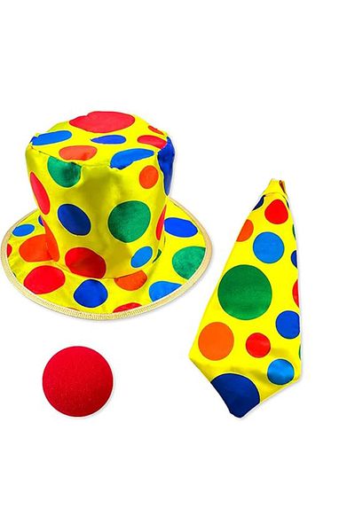 Skygo Colorful Clown Costume Set – 3 Pieces of Accessories (Hat, Tie, Nose)