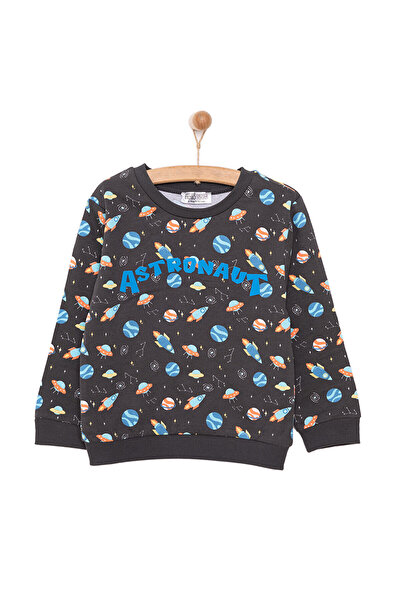 ebebek Hello Baby HelloBaby Erkek Bebek Sweatshirt Şardonlu Uzay Metraj Baskılı Bisiklet Yaka Uzun Kol