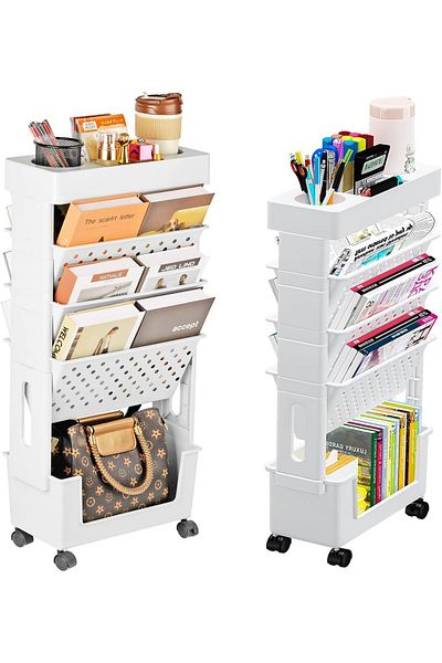 erorex Mobile Bookshelf On Wheels 5 Tier Book Rack Storage Bookshelf Storage Cart With Wheels Rolling Cart