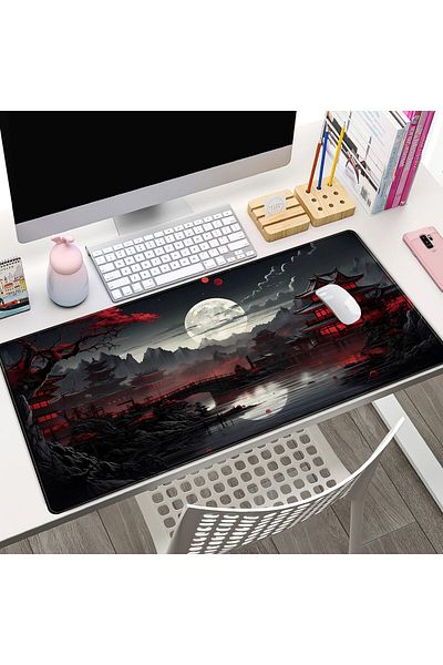 erorex حصيرة مكتب يابانية Riverside Full Moon Desk Pad أسود أحمر كبير ماوس لوحة ماوس ألعاب ممتدة