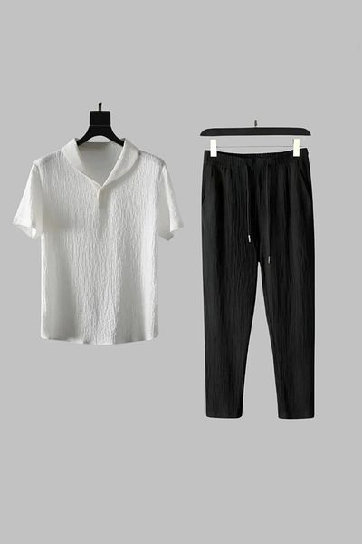 Ferhatlı Wrapped Crinkle Fabric Summer Lycra Unisex Women Men Short Sleeve T-Shirt Sweatpants Set