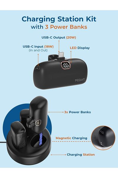 erorex باور بانك 5000 مللي أمبير/ساعة، 3 باور بانك صغير الحجم مع محطة شحن USB C، شاحن سفر سريع الشحن