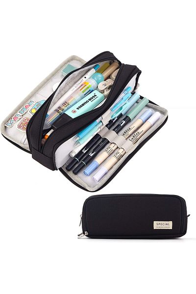 erorex Large Capacity Pencil Case 3 Compartment Pouch Pen Bag For School Teen Girl Boy Men Women Black