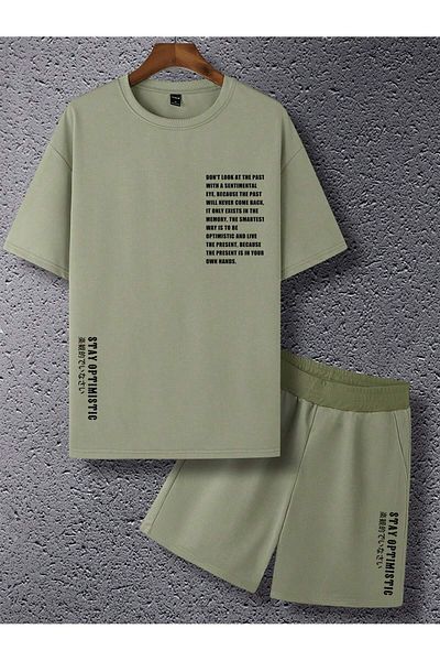 aynewmoda 2-Piece Men's Graphic and Text Printed Lace-Up Waist Shorts T-Shirt