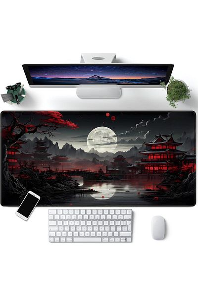erorex حصيرة مكتب يابانية Riverside Full Moon Desk Pad أسود أحمر كبير ماوس لوحة ماوس ألعاب ممتدة