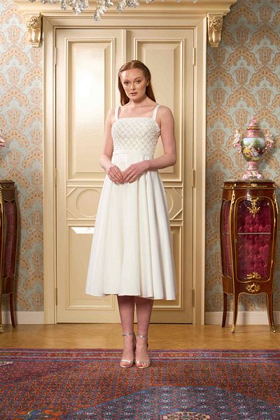 Lenta Wedding White Midi Length Satin Lace Covering Engagement and Evening Dress
