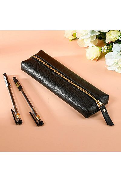 erorex Leather Pen Case Portable Cowhide Pencil Pouch With Zipper Soft Black Simple Pen Bag For Adults