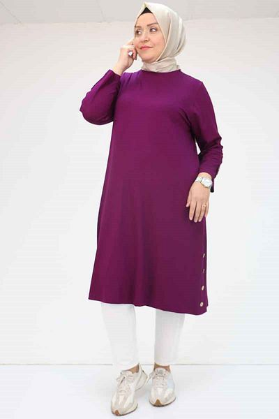 Eslina 38015 Large Size Button Detailed Combed Cotton Tunic - Plum