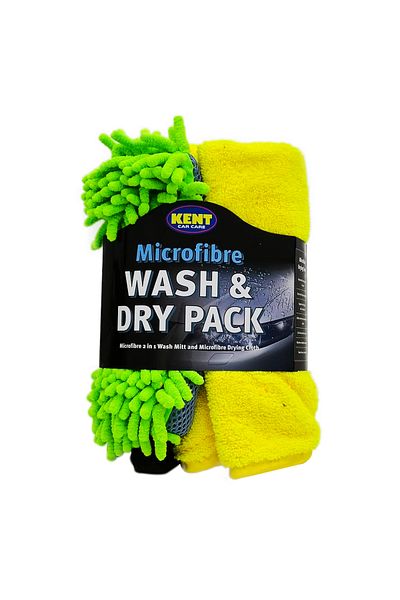 KENT Car Care Microfibre Wash & Dry Pack – Noodle Glove Mitt Green & Drying Towel for Car Cleaning