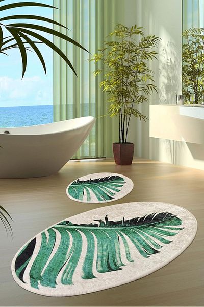miqna Ovales Badezimmerteppich-Set mit Feder-Motiv  60x100 cm und 50x60 cm