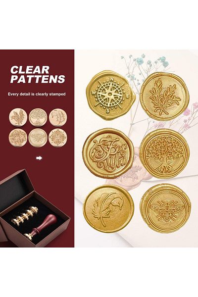 erorex Wax Seal Stamp Set 6 Vintage Sealing Wax Stamp Heads + 1 Wooden Handle For Wedding Invitations Card