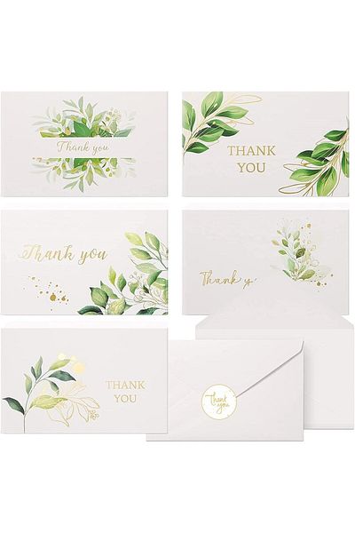 erorex 12 Thank You Cards 6 Designs Gold Foil Green Plant Thank You Greeting Cards With Envelopes And
