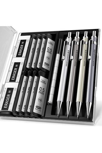 erorex 0.5Mm Mechanical Pencil Set With Case 4Pcs Metal Mechanical Pencils 8 Tubes Hb #2 Lead Refills 3Pcs