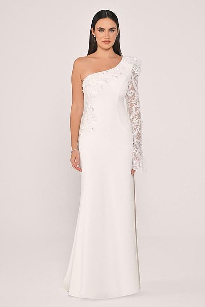ALFABETA Alpha Beta One Sleeve Embroidered Side Slit Crepe Long Evening Dress