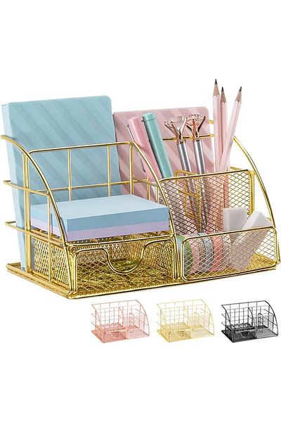 erorex Desk Organizer Mesh Office Supplies Desk Accessories Features 5 Compartments + 1 Mini Sliding
