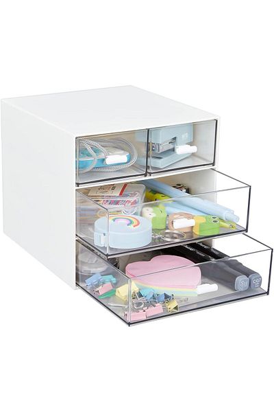 erorex Desk Organizer With 4 Drawers Clear Plastic Desk Storage Box Desktop Organization For Office