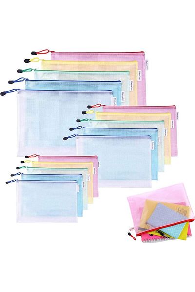erorex 15 Pack Mesh Zipper Pouch Document Bags A3 A4 A5 Size Document Bags Plastic Zip File Folders 5