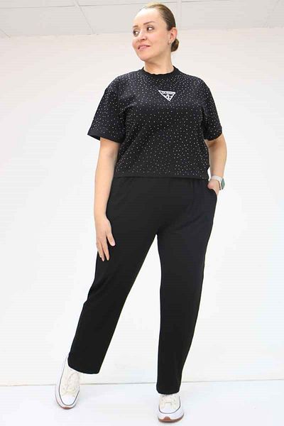Eslina 39001 Plus Size High Waist Elastic Combed Cotton Trousers - Black